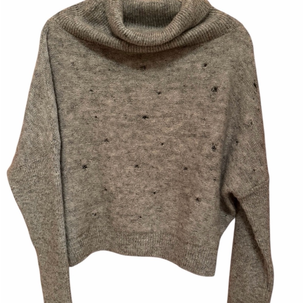Sarah Pacini Distressed Gray funnel Neck Sweater with sparkly yarn
